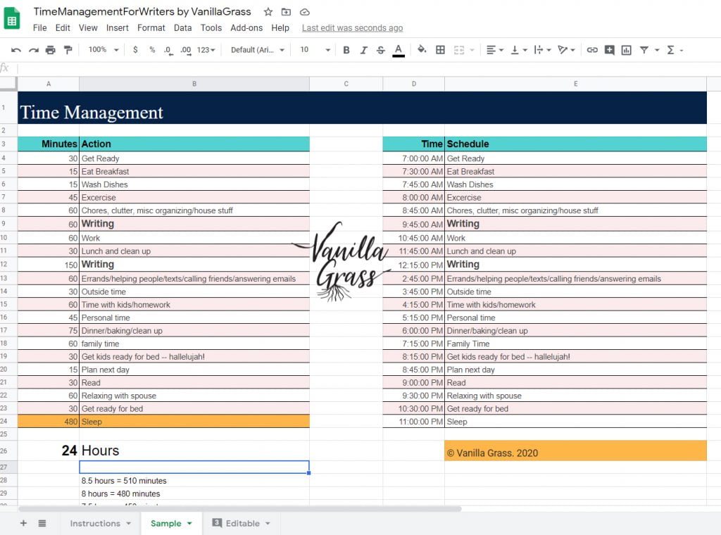 example time management daily schedule for writers with built-in writing time.