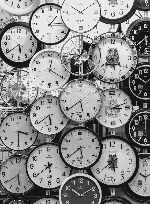 A picture of many clocks to symbolize the pressures of time and the importance of efficient time management for writers.