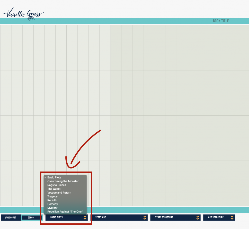 When you select the story plot dropdown, a list of the 9 basic story plots will appear.