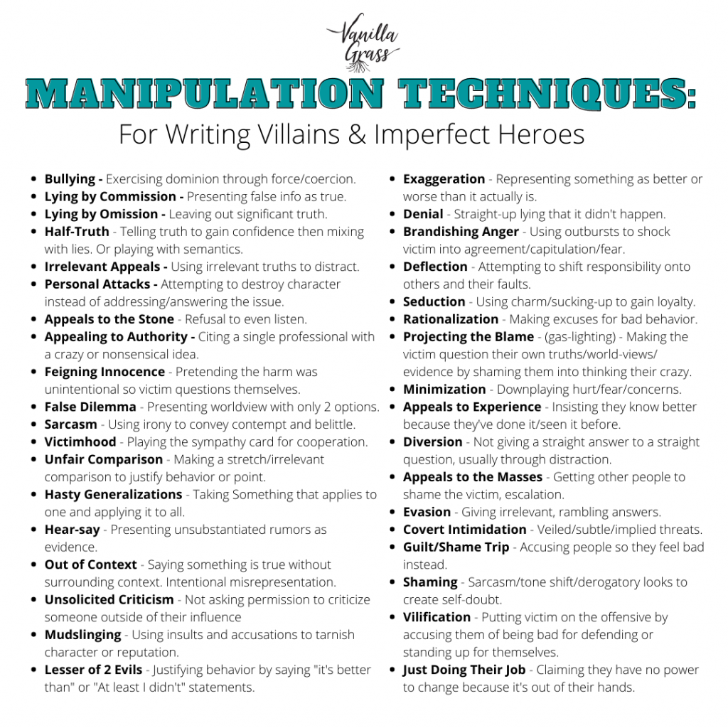 A list of manipulation techniques for writing great villains.