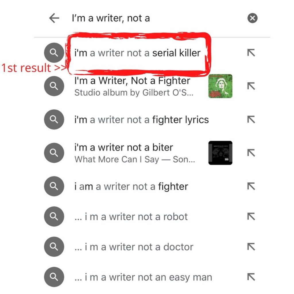 I'm a writer, not a serial killer google search results.