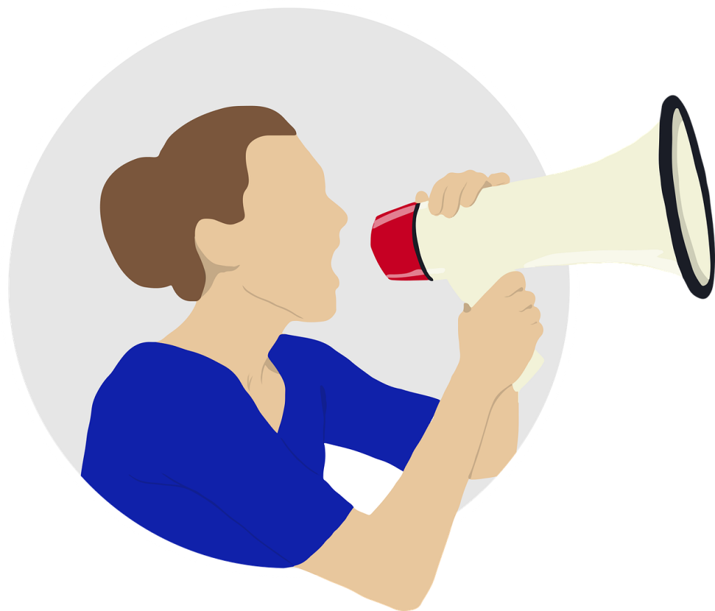 A woman with a megaphone to express the importance of using your author's voice when telling a story.