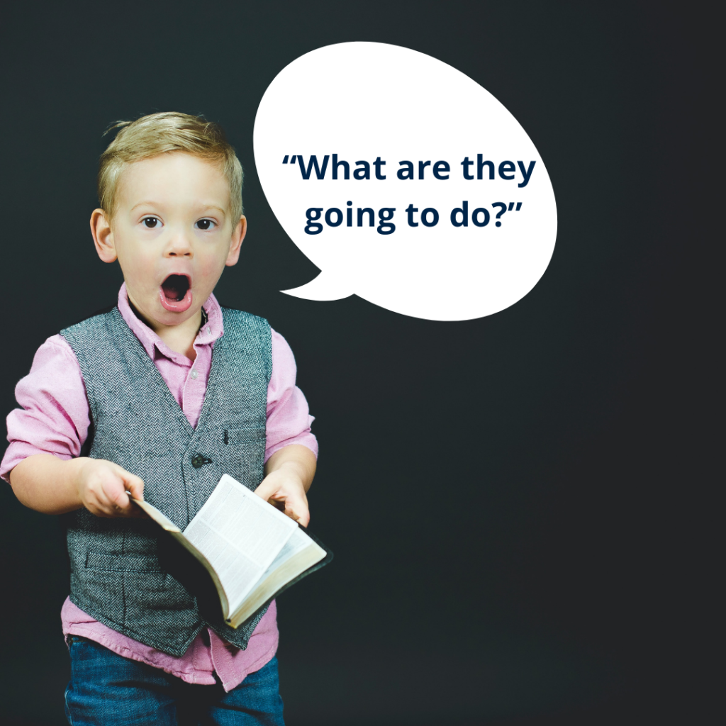 Boy with book asking, "What are they going to do?"